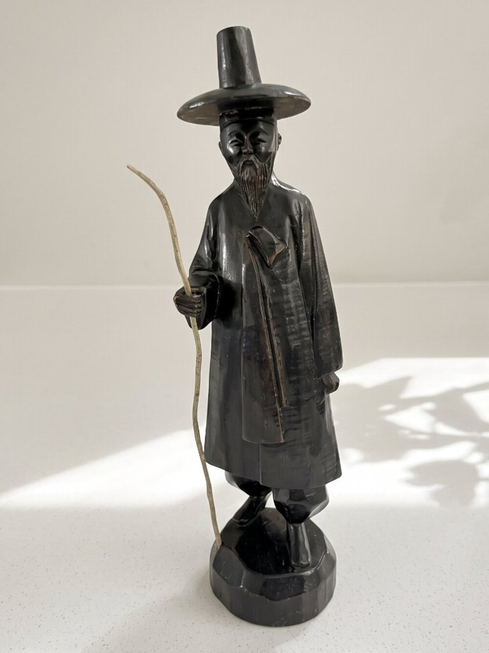 Hand Carved Wood Asian Man Figurine Traditional Dress Hat 8” Aged Finish